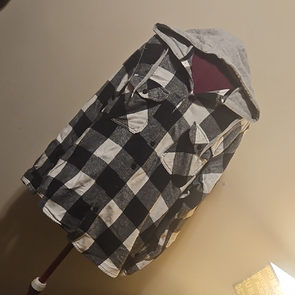 Black and White Mens Plaid Hooded Jacket